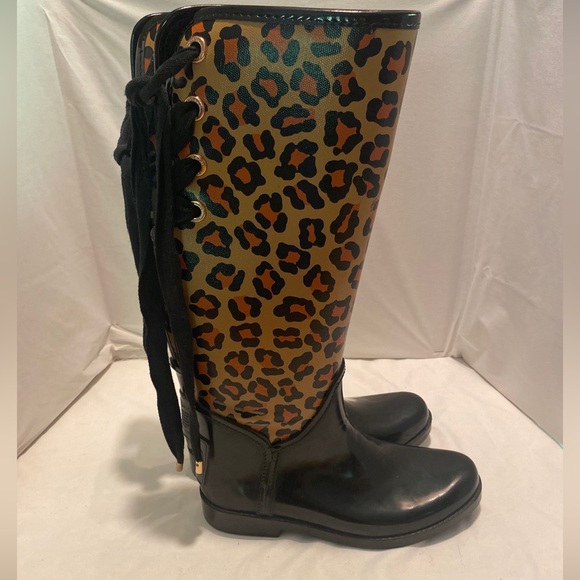 COACH “Tristee” Rubber Rain Boots Leopard Pattern w/Tie Lace Women’s Size 7 - Picture 2 of 8